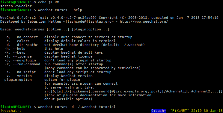 Screenshot of the $TERM, the --help text of weechat and my command to start weechat from a different directory.
