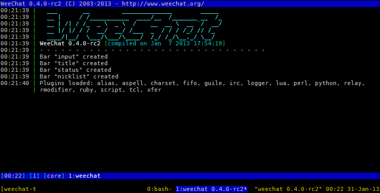 Screenshot of WeeChat as it was just started for the first time.